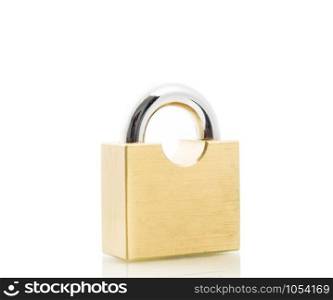 Metal padlock gold isolate on over white background