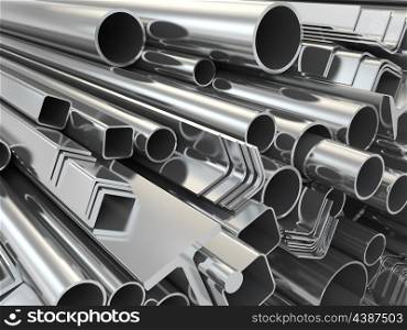 Metal profile and pipes on white background. 3d