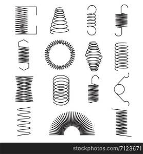 Metal spring icons. Flexible spiral lines, steel wire coils isolated vector symbols. Flexible coil and spring, spiral of part line illustration. Metal spring icons. Flexible spiral lines, steel wire coils isolated vector symbols