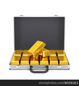 Metal suitcase with gold bars isolated on a white background.. Suitcase with gold bars