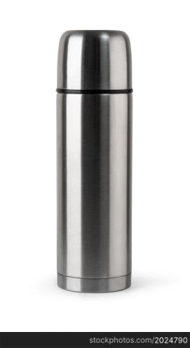 Metal thermos, isolate on a white background.. Metal thermos