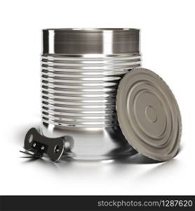 Metal tin can over white background with lid and can opener installed against it. Fresh