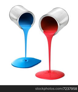 Metal tin cans pouring red and blue paint isolated on white