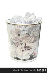 Metal wire wastebasket full of trash on a white background