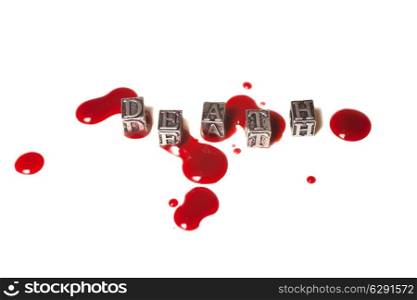 metal word death in drops of blood closeup