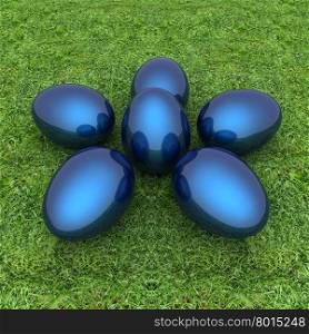 Metallic blue Easter eggs as a flower on a green grass