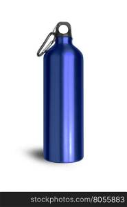 Metallic blue water bottle with a carabiner attached to the top isolated on white background. With clipping path.