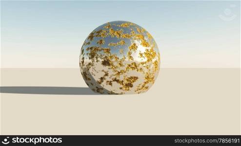 Metallic chrome sphere in desert made in 3d software