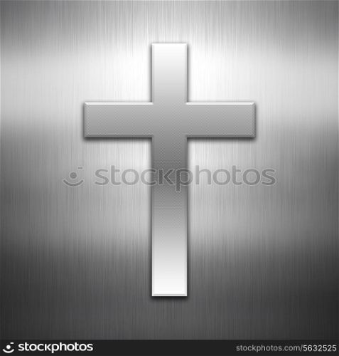 Metallic cross shape on a brushed metal background