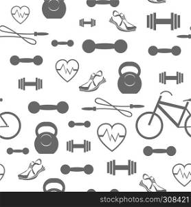 Metallic Dumbell Seamless Background. Sport Fitness Pattern on White Background. Metallic Dumbell Seamless Background. Sport Fitness Pattern