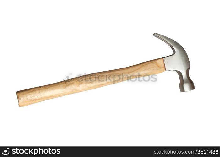 Metallic hammer with wooden handle isolated on white background