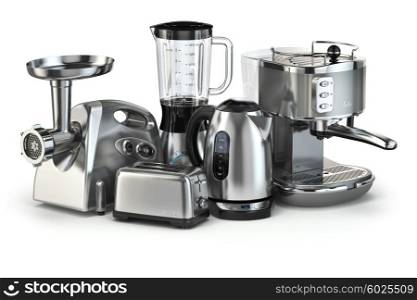 Metallic kitchen appliances. Blender, toaster, coffee machine, meat ginder and kettle isolated on white. 3d