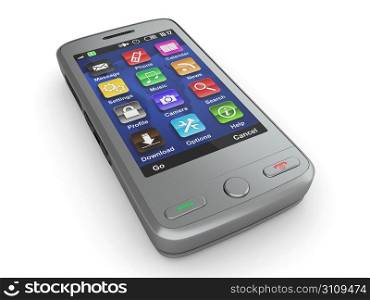 Metallic mobile phone on white isolated background. 3d