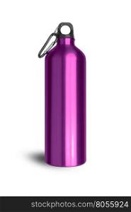 Metallic purple water bottle with a carabiner attached to the top isolated on white background. With clipping path.