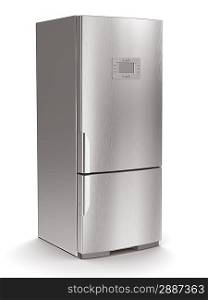Metallic refrigerator on white isolated background. 3d