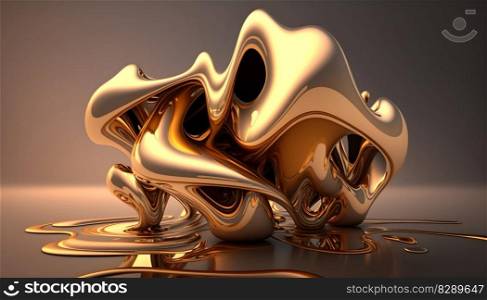 Metallic swirls morphing abstract fluid art background. Free flowing smooth golden waves, drops of liquid chrome metal with iridescent soft pink glowing. Futuristic curve forms. AI Generative content