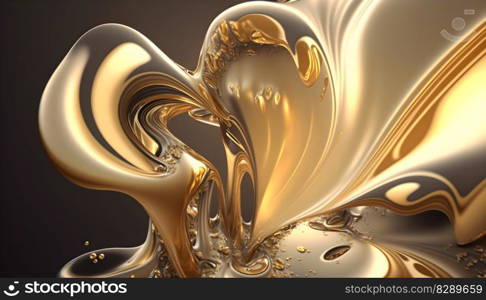 Metallic swirls morphing abstract fluid art background. Free flowing smooth golden waves, drops of liquid chrome metal with iridescent soft pink glowing. Futuristic curve forms. AI Generative content