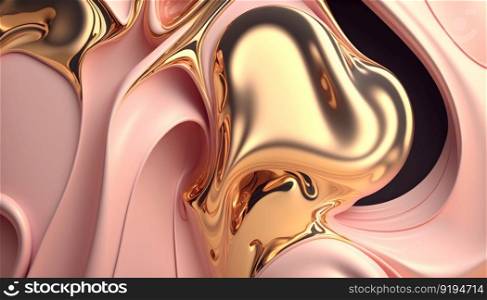 Metallic swirls morphing abstract fluid art background. Free flowing smooth golden waves, drops of liquid chrome metal with iridescent soft pink glowing. Futuristic curve forms. AI Generative content