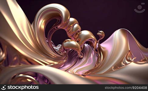 Metallic swirls morphing abstract fluid art background. Free flowing smooth golden waves, drops of liquid chrome metal with iridescent soft pink glowing. Futuristic curve forms. AI Generative content