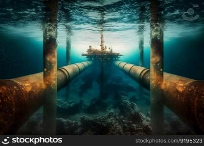 Metallic yellow pipe for transporting gas or oil underwater at the bottom. The concept of oil pipeline. Neural network AI generated art. Metallic yellow pipe for transporting gas or oil underwater at the bottom. The concept of oil pipeline. Neural network generated art