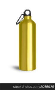 Metallic yellow water bottle with a carabiner attached to the top isolated on white background. With clipping path.