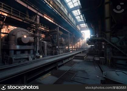metallurgical plant, with equipment and furnaces visible, producing metal products, created with generative ai. metallurgical plant, with equipment and furnaces visible, producing metal products