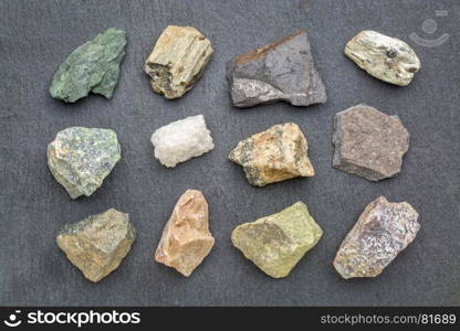 metamorphic rock geology collection, from top left: chlorite schist, garnet schist, graphite schist, mica schist, serpentinite, marble, gneiss, slate, amphibolite, dolomitic marble, epidosite, quartzite