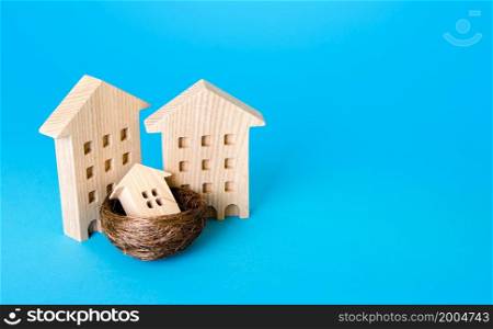 Metaphor of building parents and baby house in the nest. Metaphor of parenting and guardianship of children. Social program to stimulate the construction and purchase of real estate by young families
