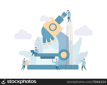 Metaphor of research method. Little people look in a big microscope. Modern flat vector illustration for presentation.