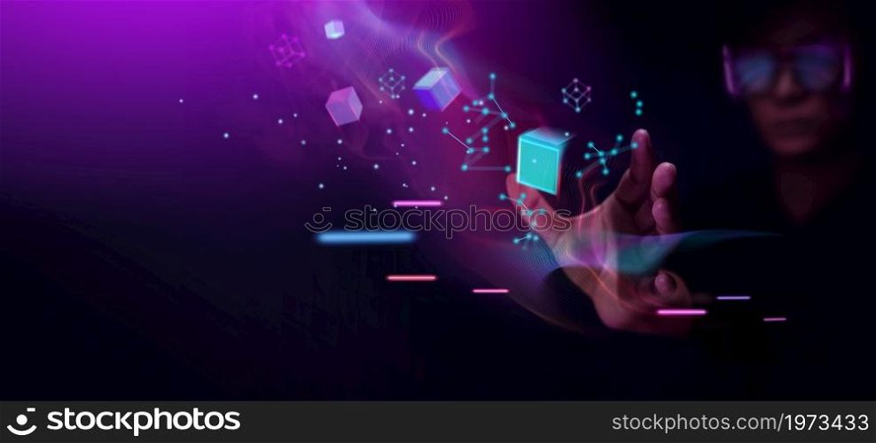 Metaverse and Blockchain Technology Concepts. Person with Glasses try to Touching Object for Experiences of Metaverse Virtual World. Futuristic Tone