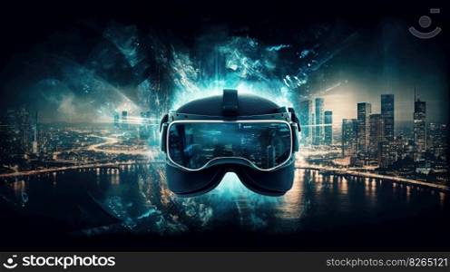 Metaverse and virtual reality network concept. Using VR headset on city background, double exposure. generative ai