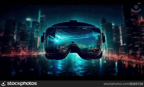 Metaverse and virtual reality network concept. Using VR headset on city background, double exposure. generative ai