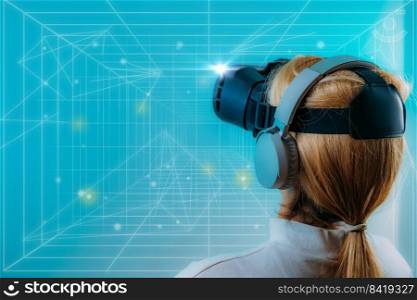 Metaverse Concept. Woman with VR headset interacting with artificial intelligence or AI. 