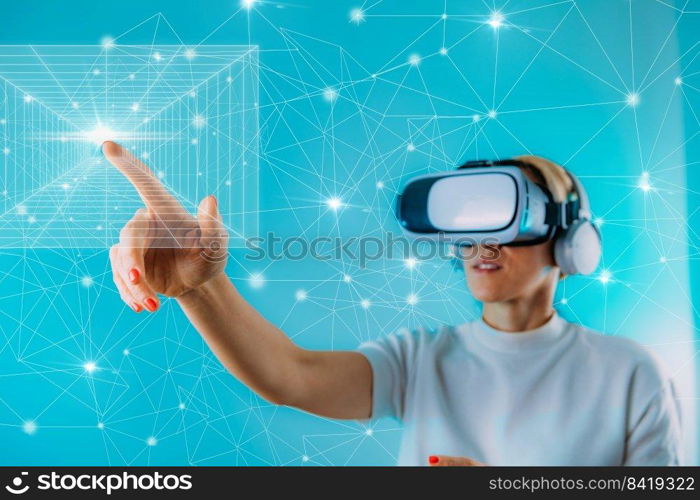 Metaverse Concept. Woman with VR headset touching digital, interactive 3D panel. 