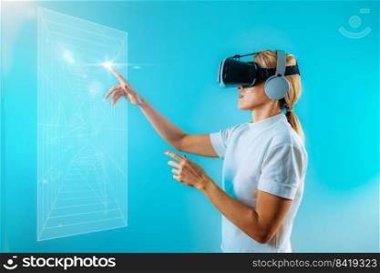Metaverse Concept. Woman with VR headset touching digital, interactive 3D panel. 