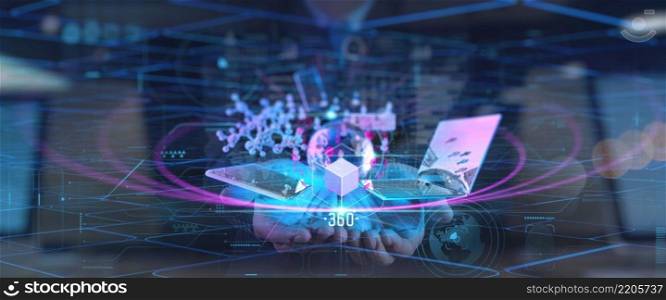 Metaverse digital cyber world technology concept businessman success working with his team as concept with virtual digital dashboard interface with The real world with the virtual world overlapped icons innovation technology future.