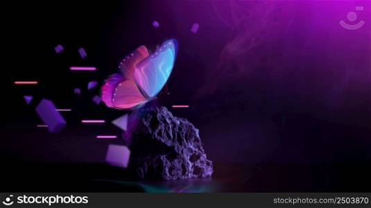 Metaverse, Web3 and Blockchain Technology Scene. Futuristic Background. Included with Elements of Butterfly, Rock, 3d, Graphic and Neon Light. Conceptual Photo