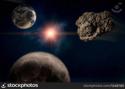 Meteor running in the starry sky, toward the planet Earth, before an imminent catastrophe. Elements of this image furnished by NASA