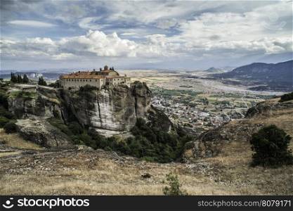 Meteora in Greece. Meteora is the monasteries on the top of the rock towers.
