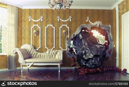 Meteorite enters the room. Photo combination creative concept