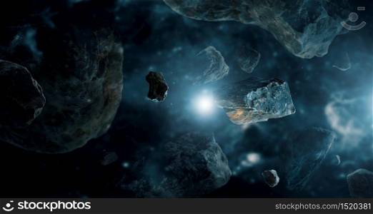 Meteorites in deep space planets. Asteroids in distant solar system. Science fiction concept.