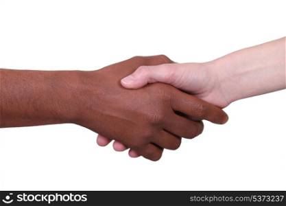 Metis person and white person shaking hands