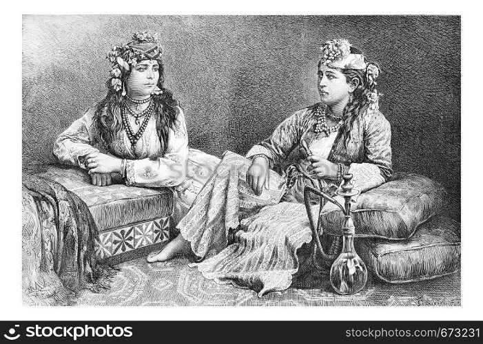 Metouali Women of Sidon, Lebanon, with hookah, vintage engraved illustration. Le Tour du Monde, Travel Journal, 1881
