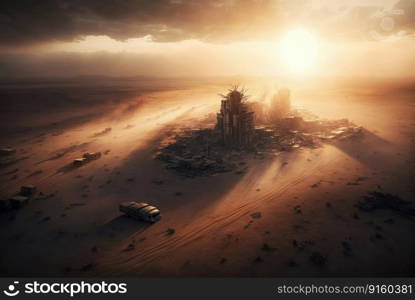 Metropolis after the apocalypse from a birds eye view sunset created with generative AI technology
