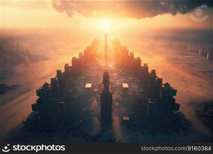 Metropolis after the apocalypse from a birds eye view sunset created with generative AI technology