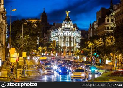 Metropolis hotel in Madrid in a beautiful summer night, Spain