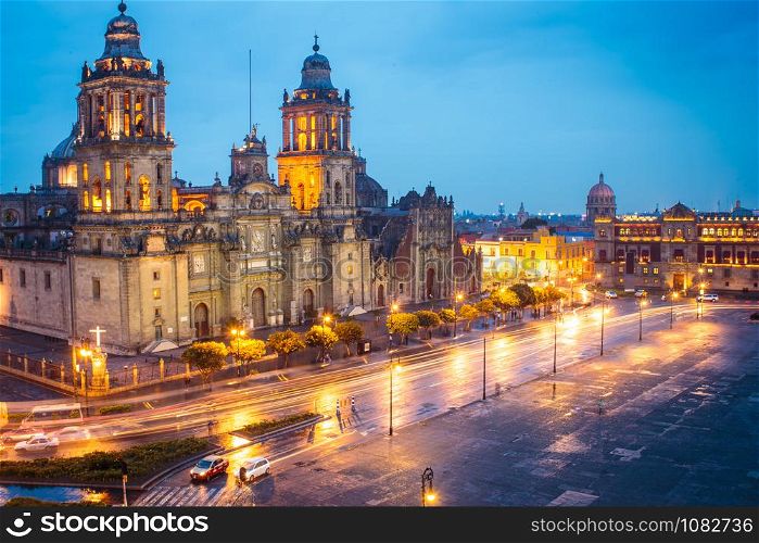 Metropolitan Cathedral and President&rsquo;s Palace in Zocalo, Center of Mexico City Mexico Sunrise night.