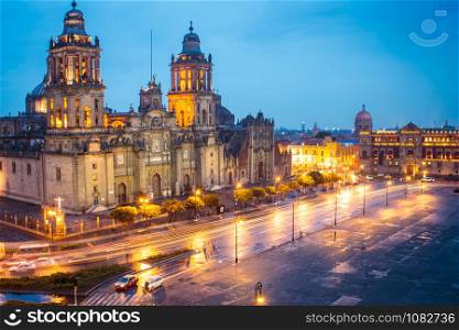 Metropolitan Cathedral and President&rsquo;s Palace in Zocalo, Center of Mexico City Mexico Sunrise night.