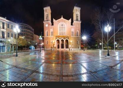Metropolitan Church of Athens Evangelismos Theotokou at night, Athens, Greece. Metropolitan Cathedral of Athens, Greece