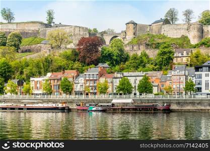 Meuse river and Citadel of Namur fortress on the hill, Namur, Wallonia, Belgium